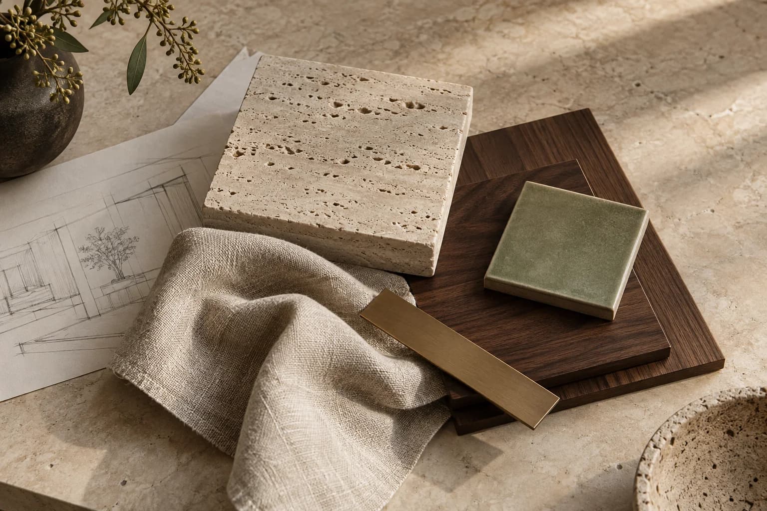 Travertine, walnut, linen, sage ceramic and bronze samples arranged over an architectural sketch