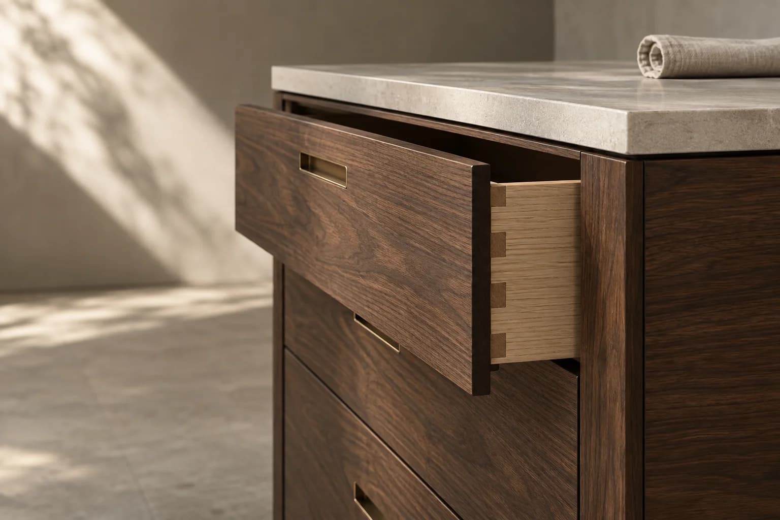Open oak drawer in a walnut cabinet, with a recessed bronze pull and a pale stone top