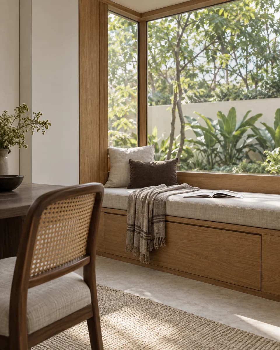 Oak window bench with integrated storage, linen cushions and a cane chair
