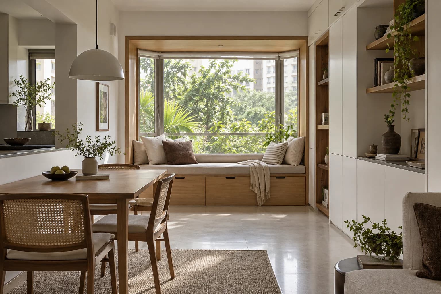 Concept compact apartment with an oak window seat, concealed storage and cane dining chairs