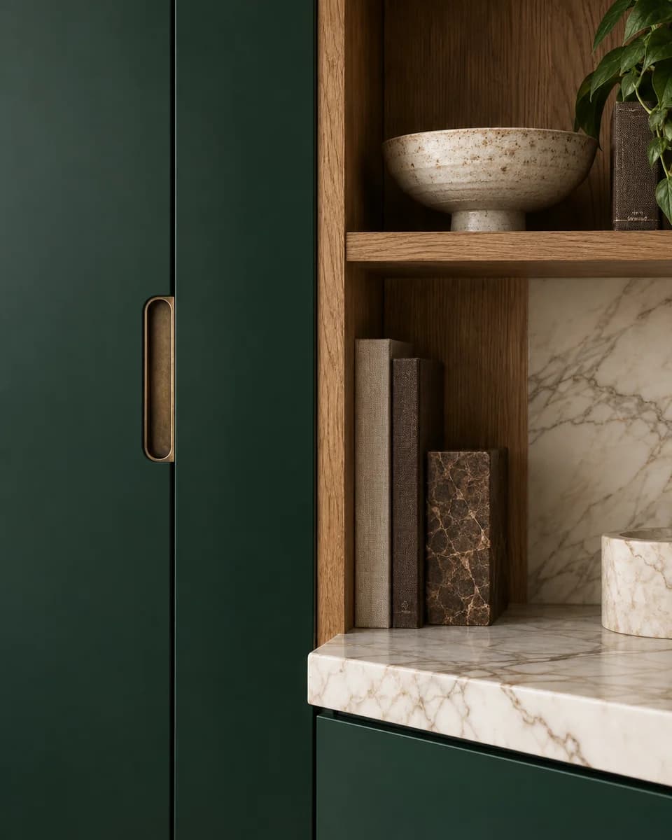Emerald cupboard fronts meeting brass, oak shelving and ivory marble