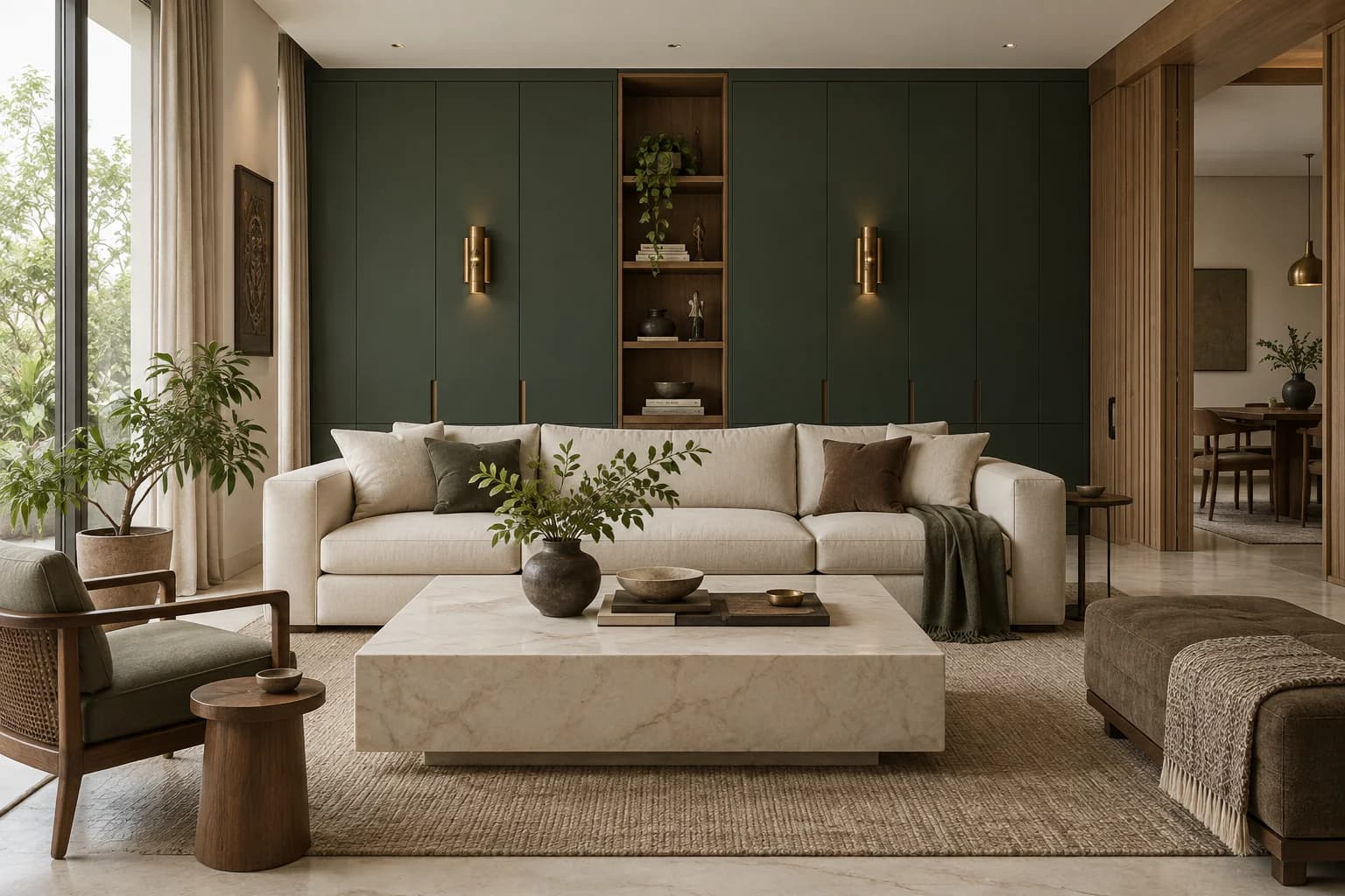 Concept living room with emerald storage, oak shelving and cream linen seating