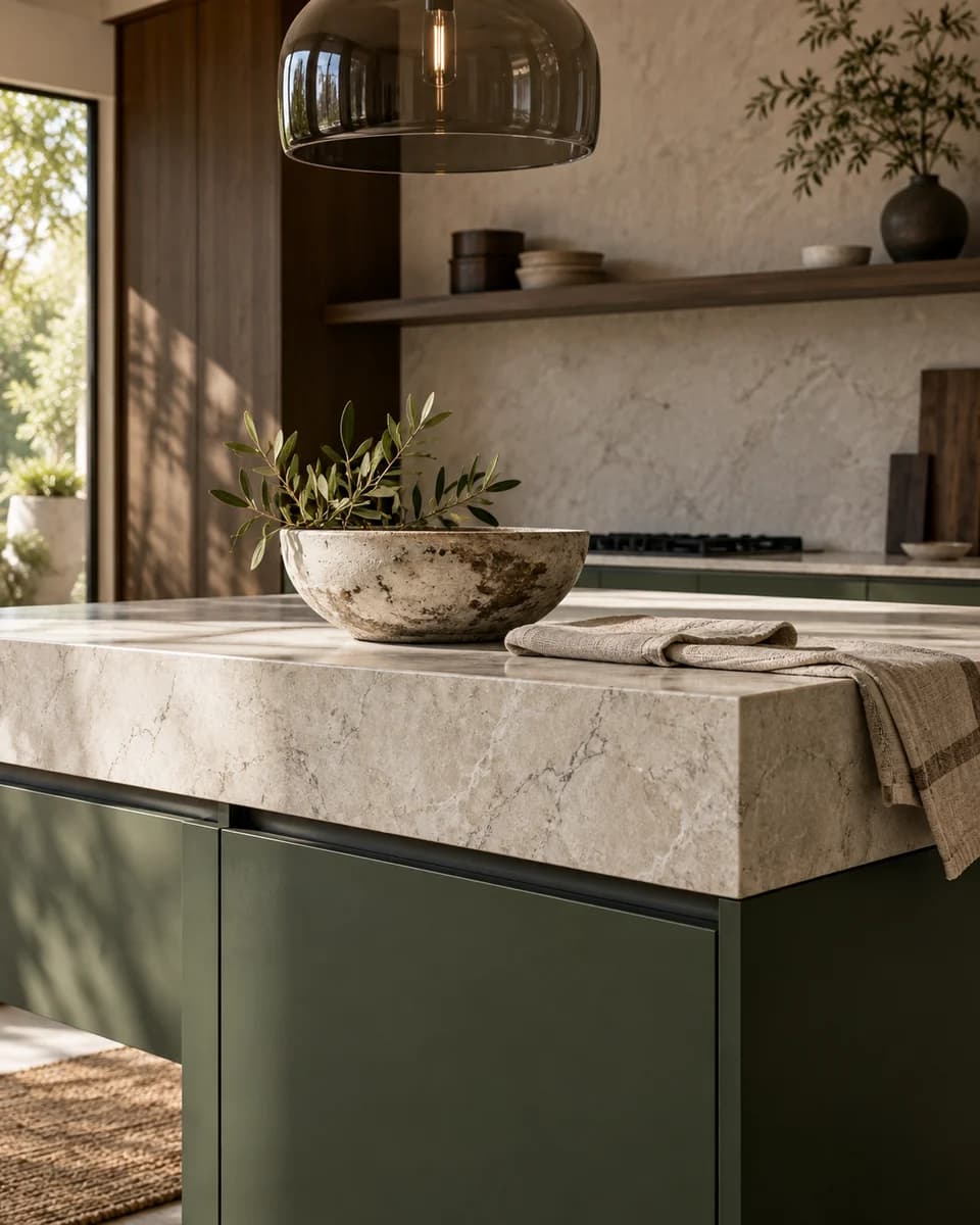Honed stone island edge above forest-green cabinetry with a recessed dark pull