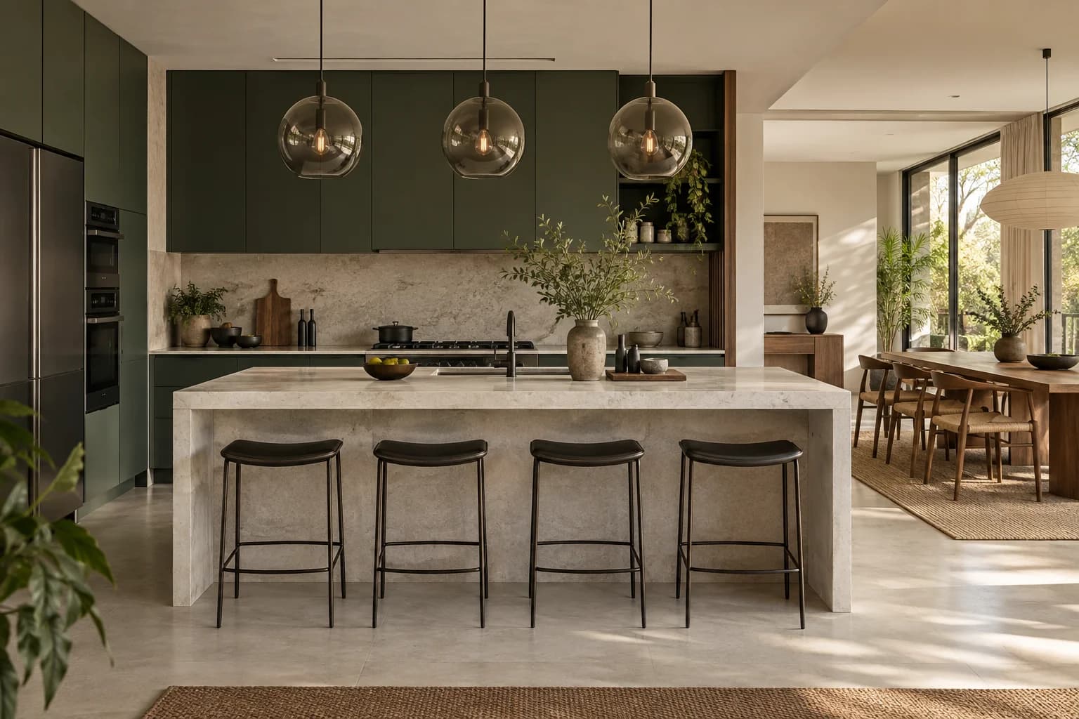 Concept open kitchen with forest-green cabinetry, a pale stone island and oak dining table