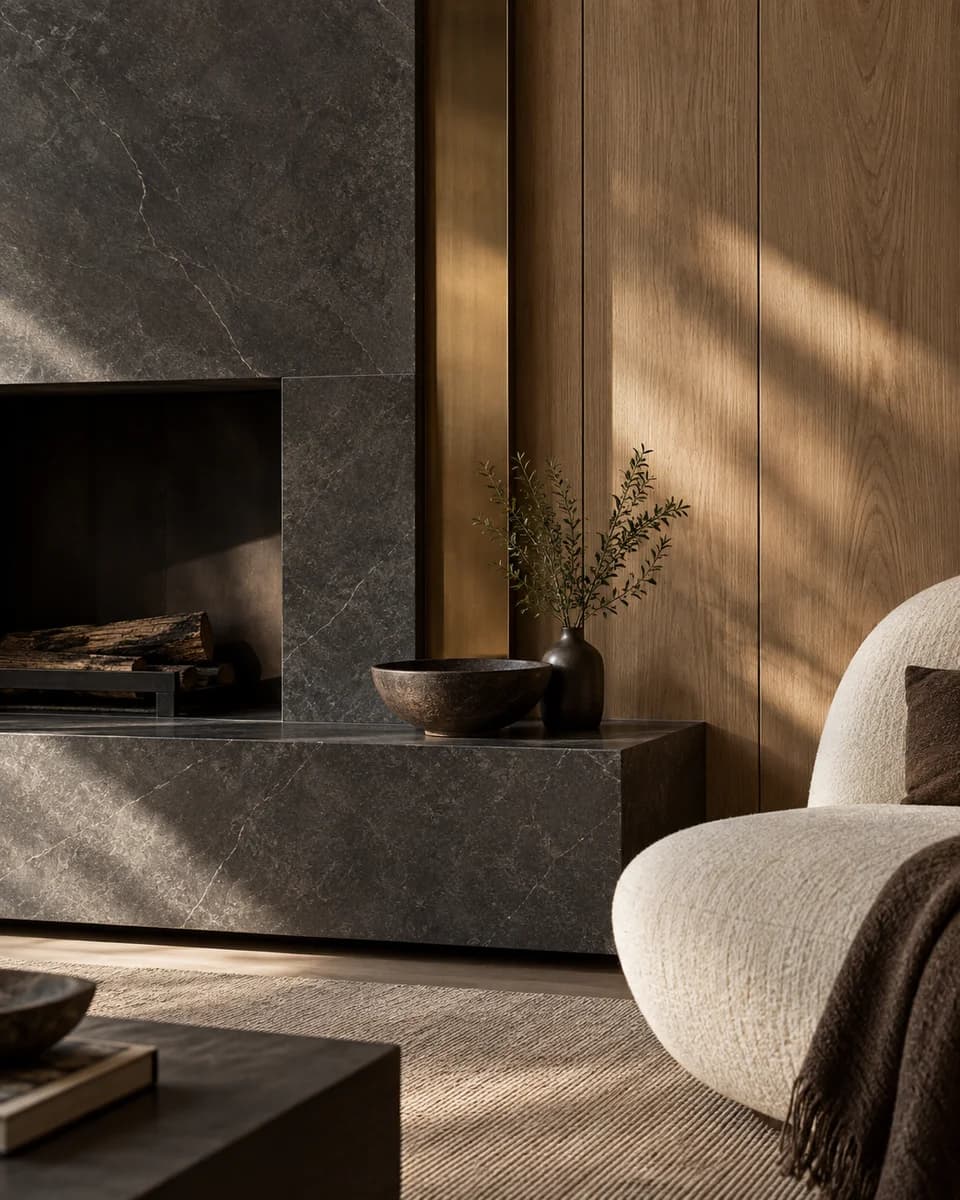 Charcoal stone hearth beside oak panelling, a bronze reveal and wool lounge chair