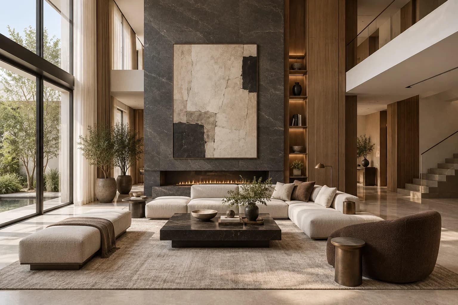 Concept double-height living room with charcoal stone hearth, oak joinery and wool seating