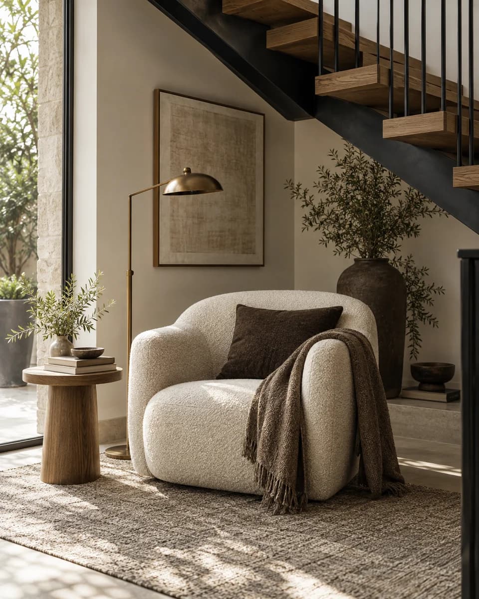 Bouclé reading chair and brass lamp beside an oak and steel staircase