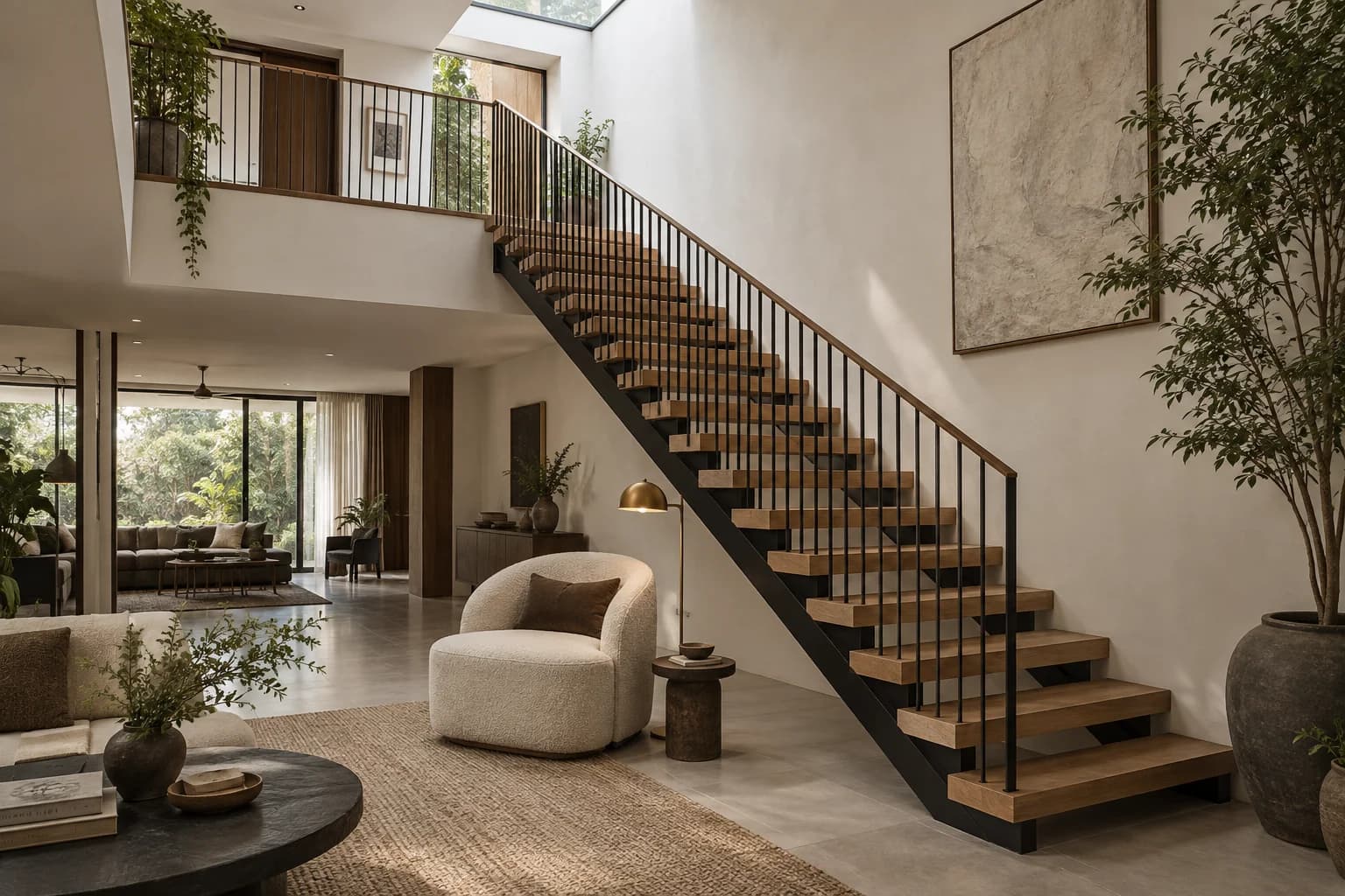 Concept duplex with an open oak and blackened-steel staircase beneath a skylight