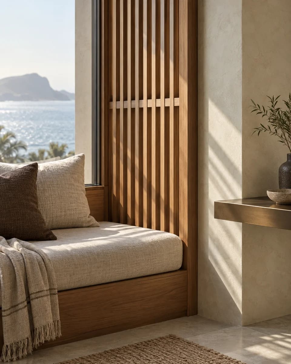 Teak screen casting striped sunlight over a linen window seat