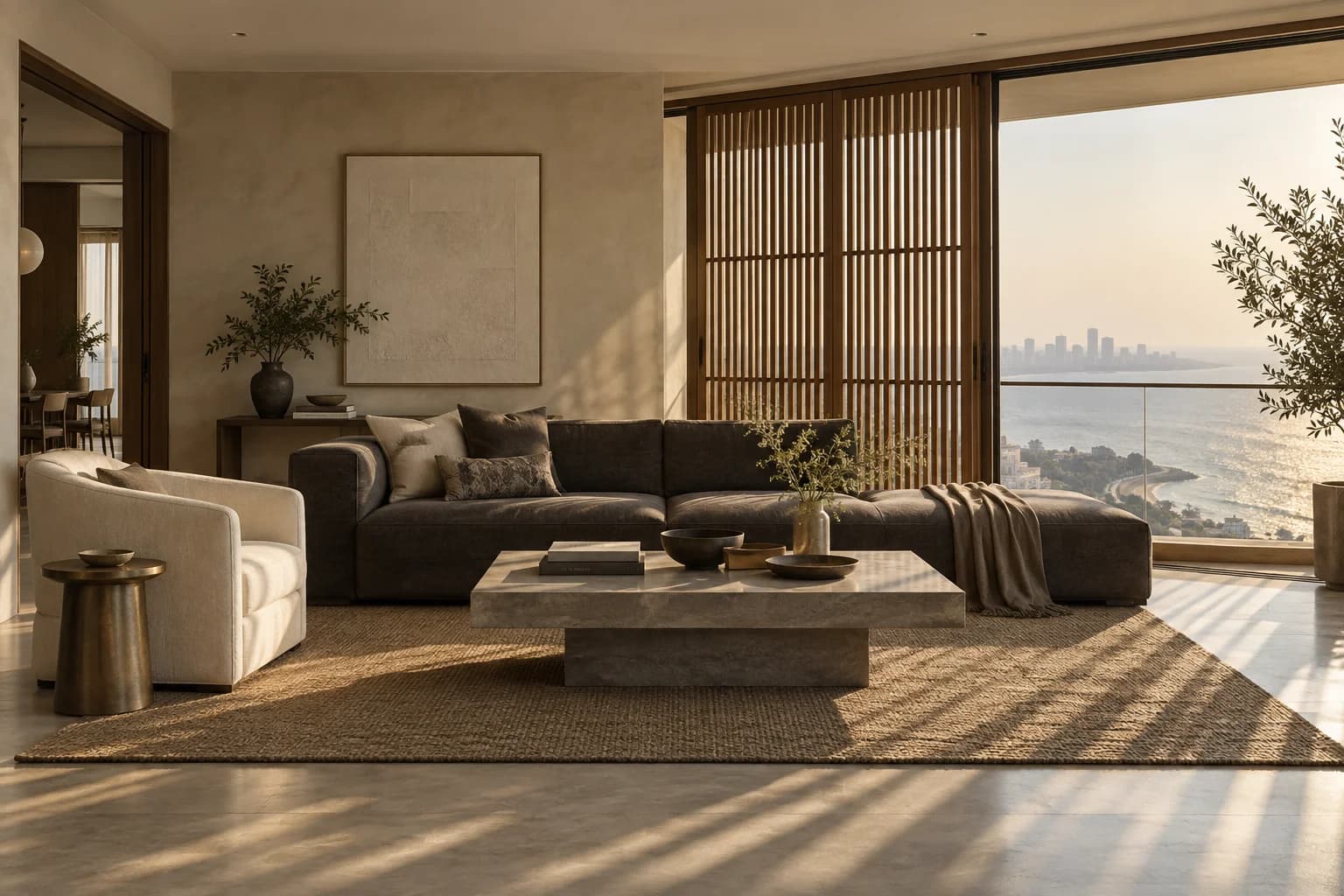 Concept coastal living room with low charcoal seating and a slatted teak screen