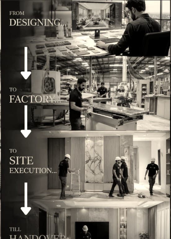 Four stages of a project: design desk, joinery factory, site installation, and the finished living room